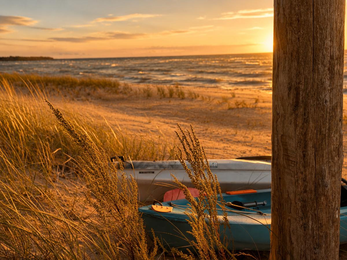 A scenic beach sunset with sand dunes, ocean water, and two small boats resting on the shore. A weathered wooden post stands prominently in the foreground on the right, and warm golden light illuminates the grasses and water.
